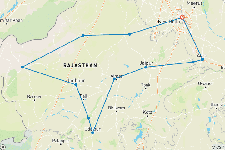 Karte von Nordindien mit Taj Mahal
