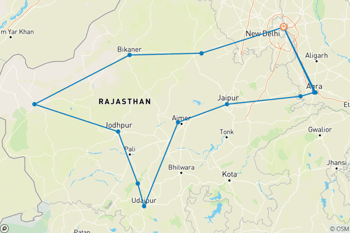 Karte von Nordindien mit Taj Mahal