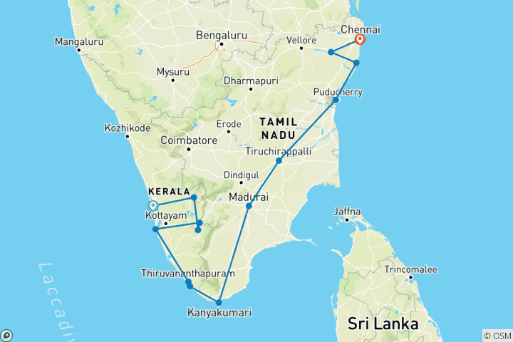Kaart van Rondreis door Zuid-India