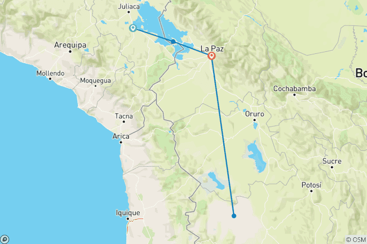 Mapa de Planicies de Uyuni e Isla del Sol en 4 días. Comienza en Puno