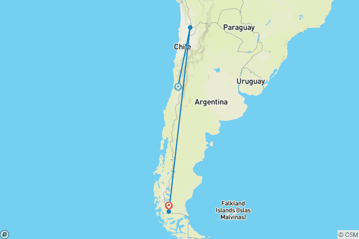 Carte du circuit Santiago du Chili, désert d'Atacama et Torres del Paine