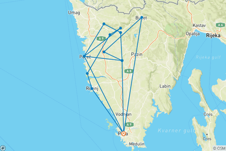 Carte du circuit Trek dans la péninsule d'Istrie en Croatie