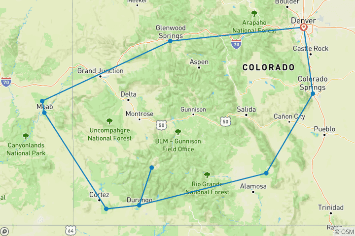 Carte du circuit Western Rails & Canyons avec le voyage en train Canyon Spirit