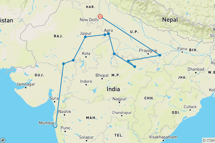 Carte du circuit Visite de l'Inde et du Taj Mahal