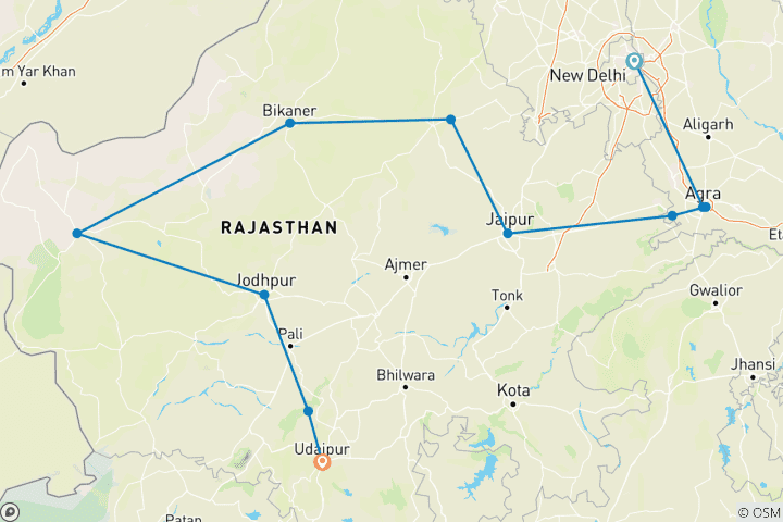 Map of Rajasthan Tour from Delhi