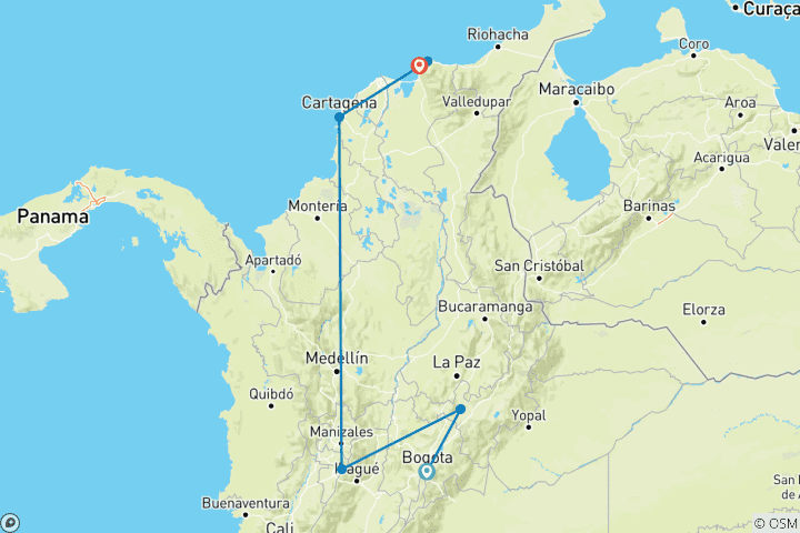 Kaart van Bogota naar Tayrona - 10 dagen