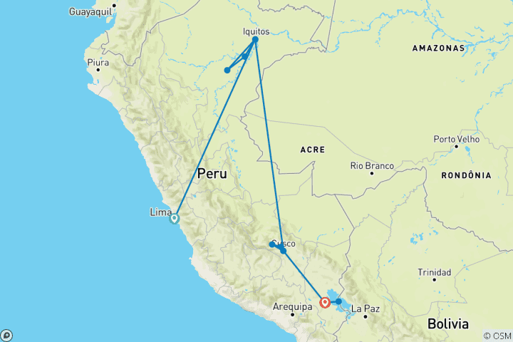 Map of Peru & Iquitos Amazon Cruise - 11 days