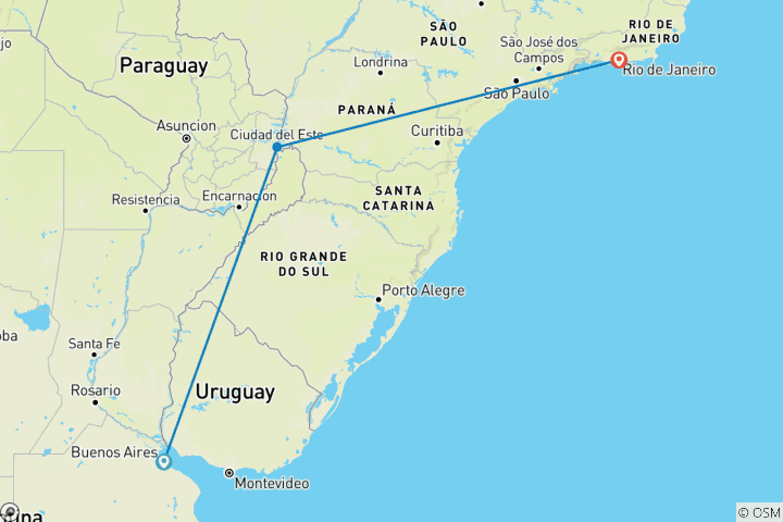 Kaart van Buenos Aires, Iguazu & Rio - 10 dagen