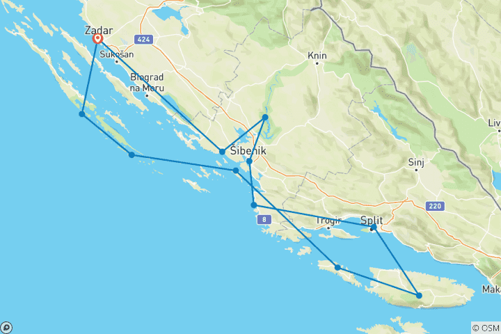 Map of Dalmatian Highlights Zadar and Split Region Cruise (Standard Boat Category)