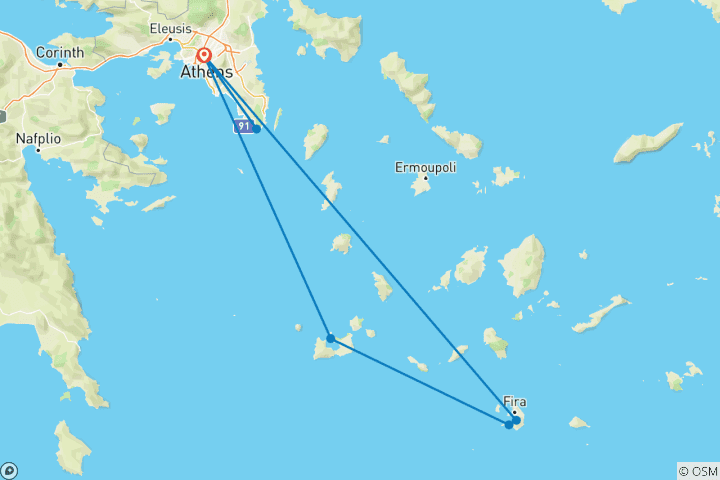 Carte du circuit Athènes, Santorin et Milos avec visites guidées | Hôtels 4* | 10 jours