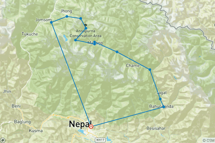 Carte du circuit Circuit de l'Annapurna et Trek du lac Tilicho - 15 jours