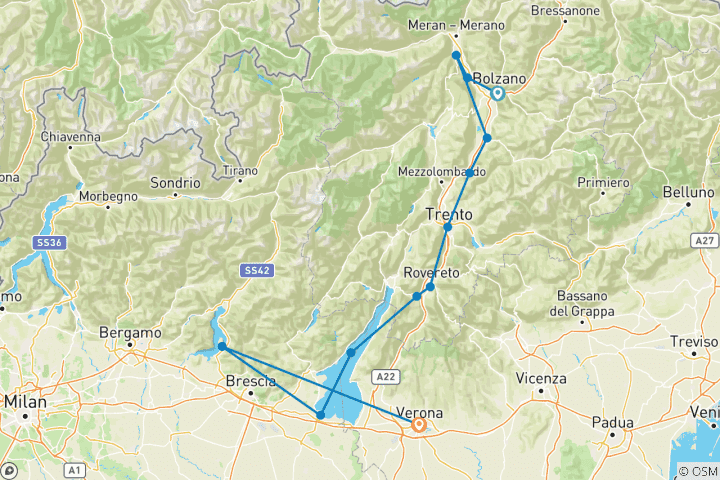 Carte du circuit Piste cyclable de l'Adige - Reschen - Vérone (8 jours)