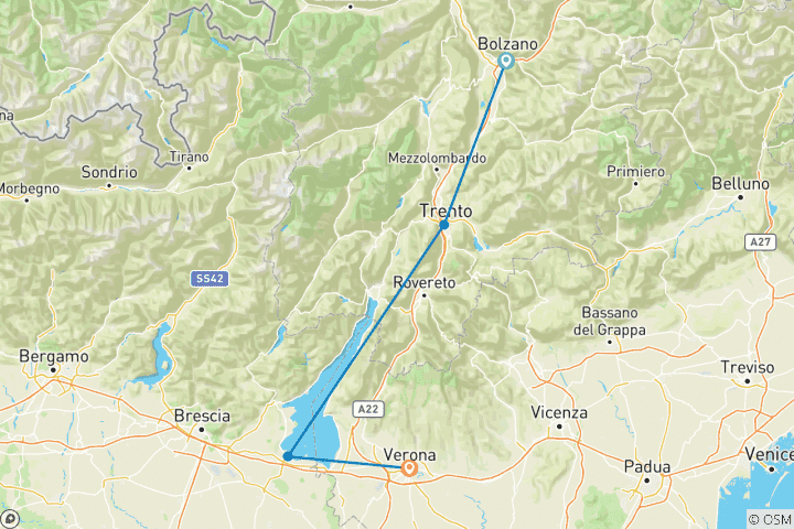 Carte du circuit Escapade sur la piste cyclable de l'Adige – De Bolzano à Vérone (5 jours)