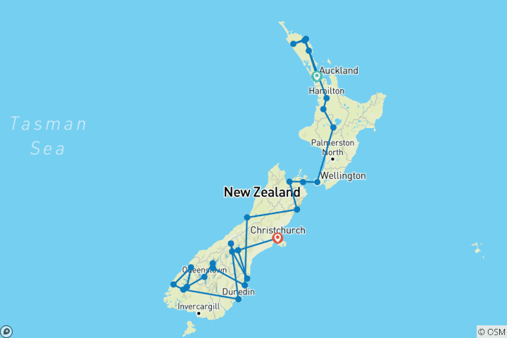 Karte von Natürlich Neuseeland - von Auckland nach Christchurch (22 Tage)