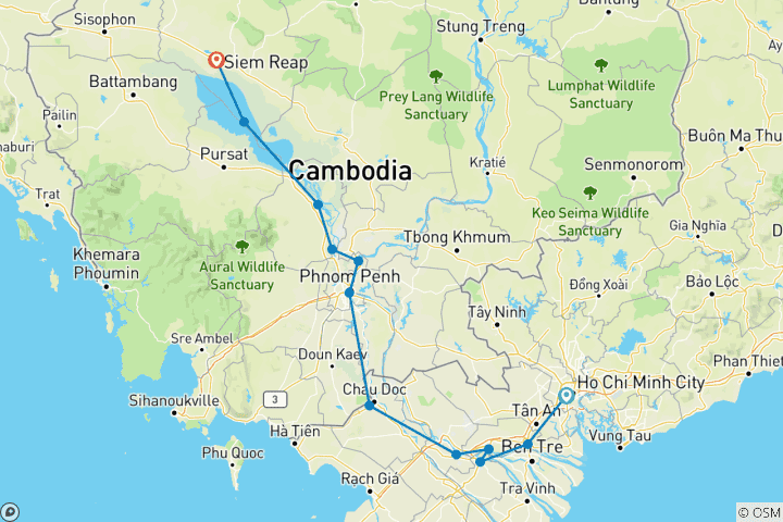 Karte von Vom Mekong Delta zu den Angkor Tempeln (Hafen-zu-Hafen-Kreuzfahrt) (12 Destinationen)