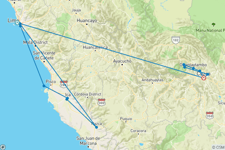 Carte du circuit LES HAUTS LIEUX DU PEROU - 8 JOURS AVEC VOLS LOCAUX (DE LIMA A CUSCO ET DE CUSCO A LIMA)