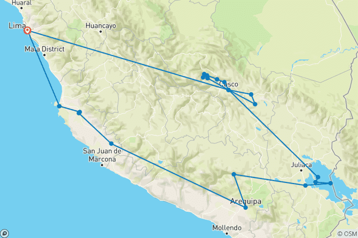 Map of South Peru: Backpacker Special - 18 Days