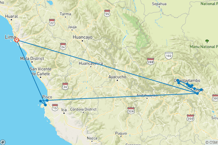 Map of Travel in Style: Peru Coast to Cusco  – 9 Days