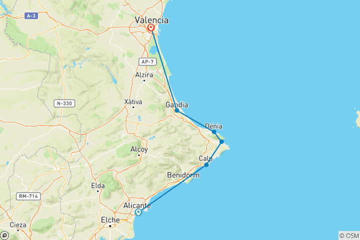 Carte du circuit D'Alicante à Valence par la côte (8 jours)
