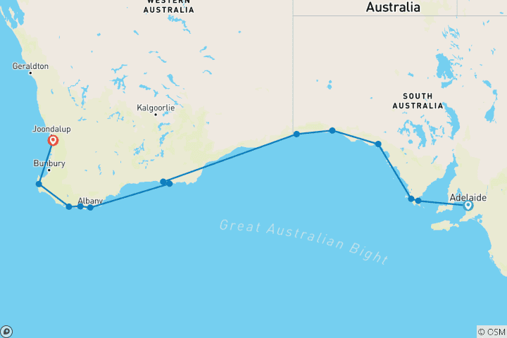 Mapa de Circuito Privado de 10 Días de Adelaida a Perth