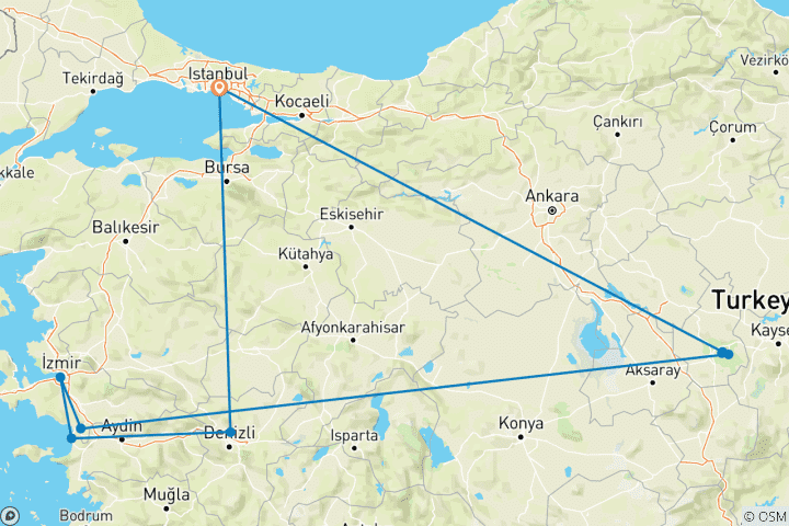 Karte von Istanbul, Kappadokien, Ephesus und Pamukkale Rundreise mit dem Flugzeug - 6 Tage