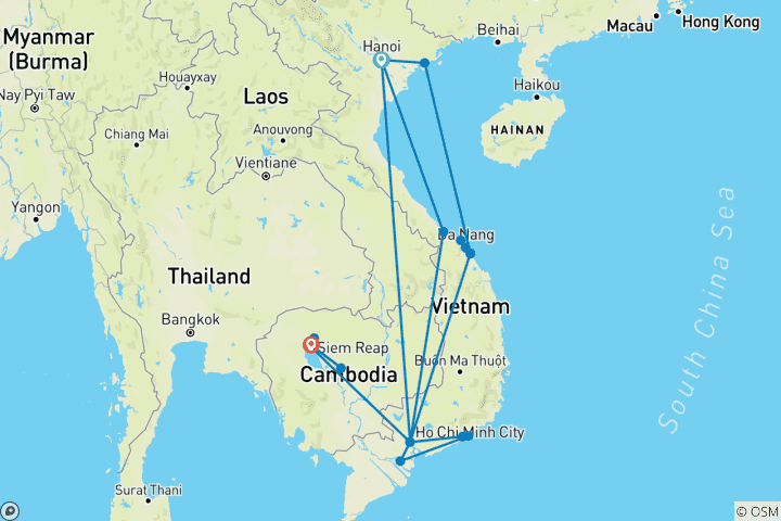 Map of Experience in Two Cultures Vietnam and Cambodia with Beach Vacation in Phan Thiet / Mui Ne or on Phu Quoc (incl. Flight) (19 destinations)