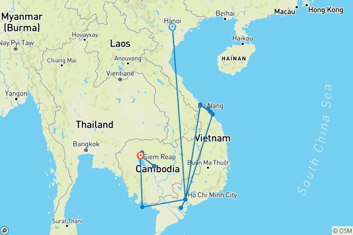 Map of Vietnam and Cambodia with Phan Thiet & Mui Ne or Phu Quoc beach (incl. international flights) (16 destinations)