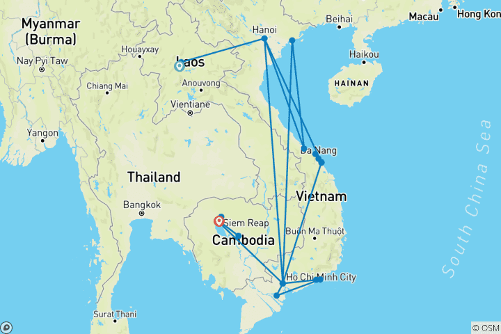 Mapa de Las tres perlas del Mekong - Vietnam, Laos y Camboya con unas vacaciones en las playas de ensueño de Vietnam (vuelo incluido) (21 destinations)