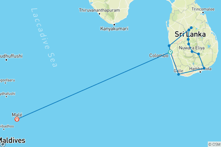 Carte du circuit Circuit classique au Sri Lanka avec des vacances à la plage sur la côte sud-ouest ou aux Maldives (vol inclus) (from Colombo to Malé)