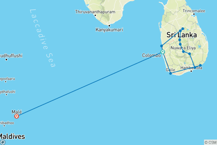 Map of Private Sri Lanka Highlights with Beach Vacation in Kalutara or the Maldives (incl. Flight) (from Colombo to Male)