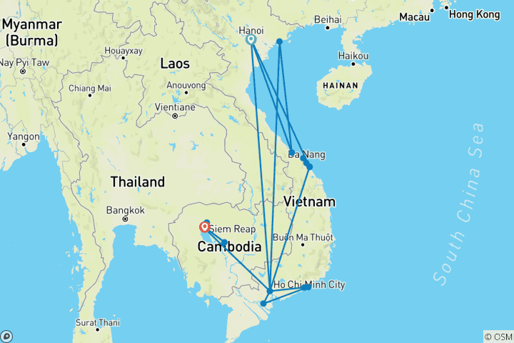 Map of Vietnam and Cambodia with Phan Thiet & Mui Ne or Phu Quoc beach private tour (incl. flight) (19 destinations)