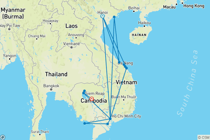 Carte du circuit Expérience privée de deux cultures : Vietnam et Cambodge avec séjour balnéaire à Phan Thiet / Mui Ne ou à Phu Quoc