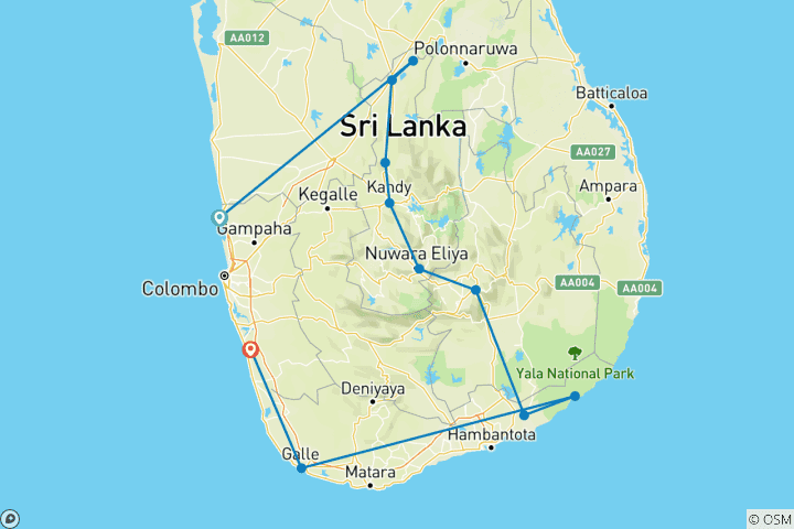 Kaart van Klassieke rondreis door Sri Lanka – met strandvakantie in Kalutara of op de Maldiven