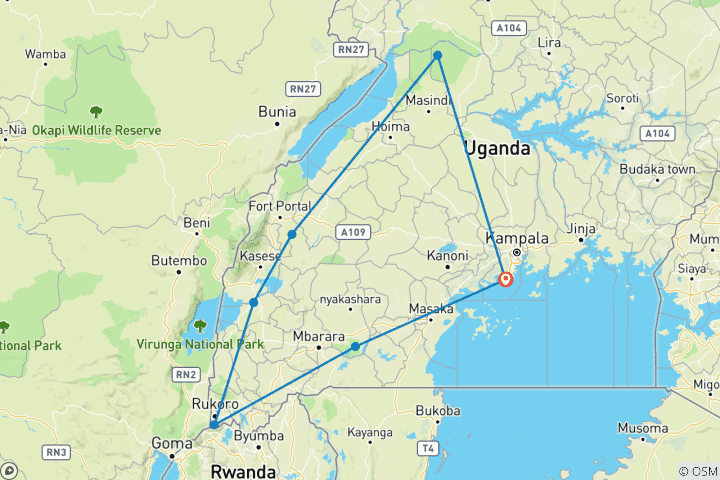 Map of 12 Days Traverse Uganda's Wildlands