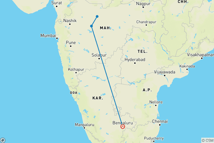Carte du circuit Voyage privé de 3 jours aux grottes d'Ajanta Ellora au départ de Bangalore avec vols
