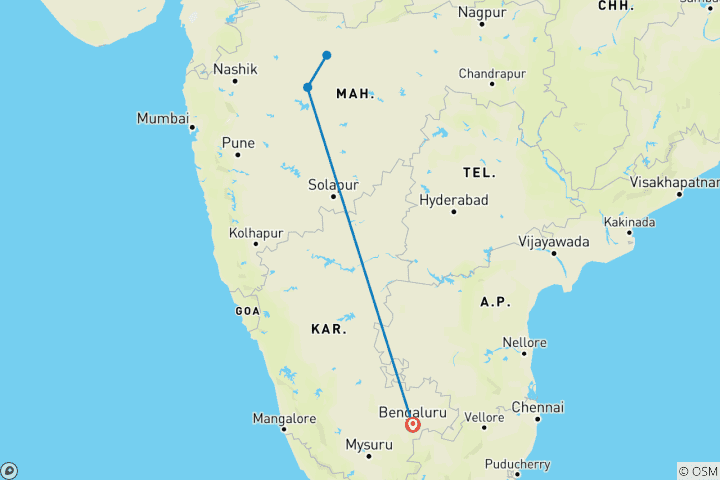 Karte von Privat geführte Luxusreise zu den Ajanta Ellora Höhlen (ab Bangalore mit Flug): Skulpturen, Felsritzungen und mehr