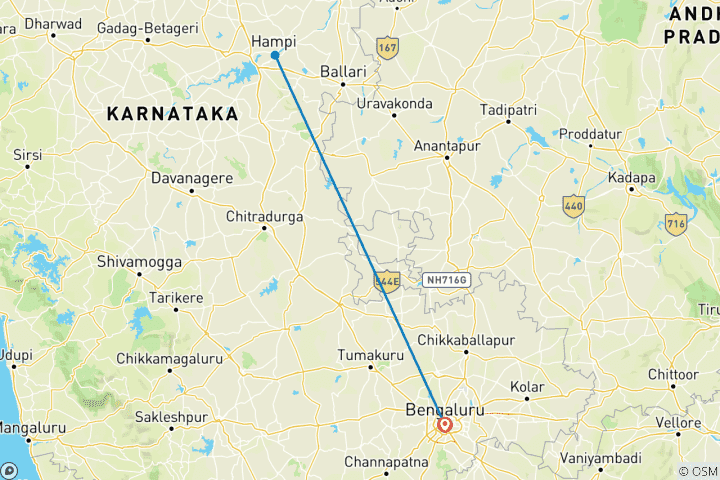 Map of 4-Day Private Trip to Hampi UNESCO Site From Bangalore