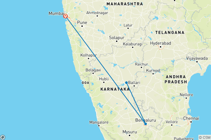 Mapa de Circuito privado guiado de lujo a Hampi - desde Bombay con vuelos: monumentos y Ruinas fascinantes de un reino perdido