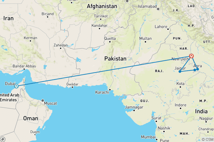 Carte du circuit Dubaï et Burj Khalifa avec le triangle d'or de l'Inde