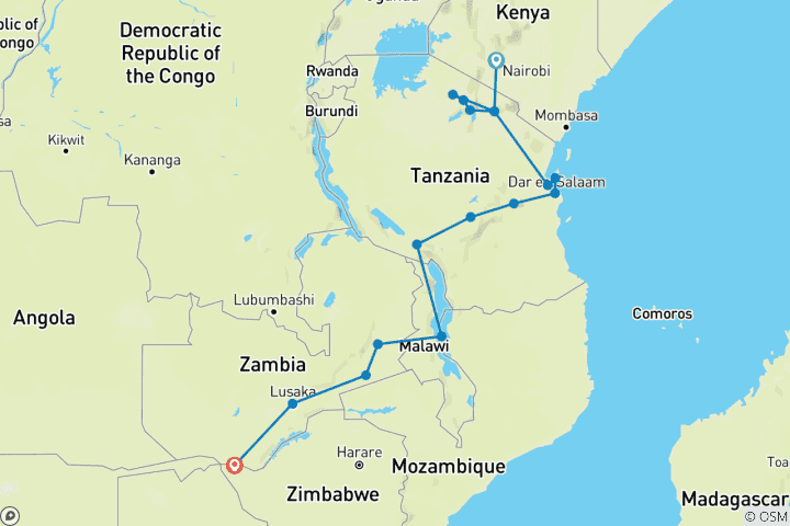 Map of Nairobi to Victoria Falls 2025/2026 - Explorer & Classic Tours