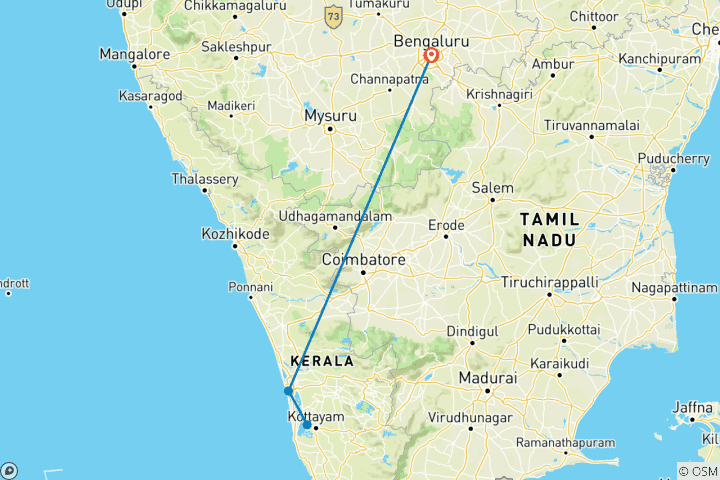 Carte du circuit Un week- end dans une péniche de luxe et un centre de villégiature au Kerala - à partir de Bangalore avec les vols