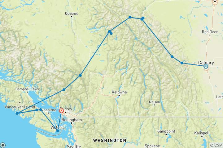 Carte du circuit Les Rocheuses canadiennes – Parcs nationaux vers l'ouest