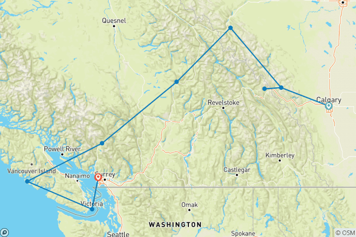 Mapa de Montañas Rocosas Canadienses: parques nacionales en dirección oeste