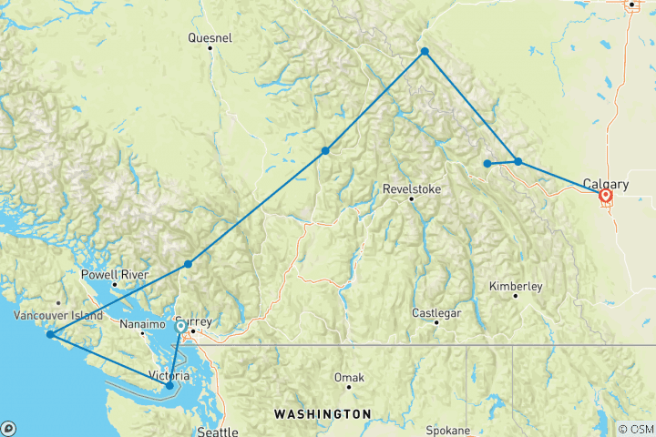 Mapa de Montañas Rocosas canadienses: parques nacionales en dirección este