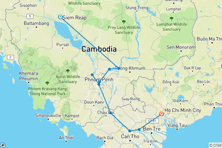 Mapa de Crucero Mekong majestuoso de Siem Reap a Ciudad Ho Chi Minh (2024)