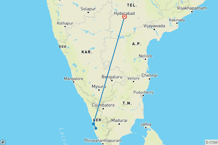 Carte du circuit Un week- end dans une péniche de luxe et un centre de villégiature au Kerala - à partir d'Hyderabad avec vols