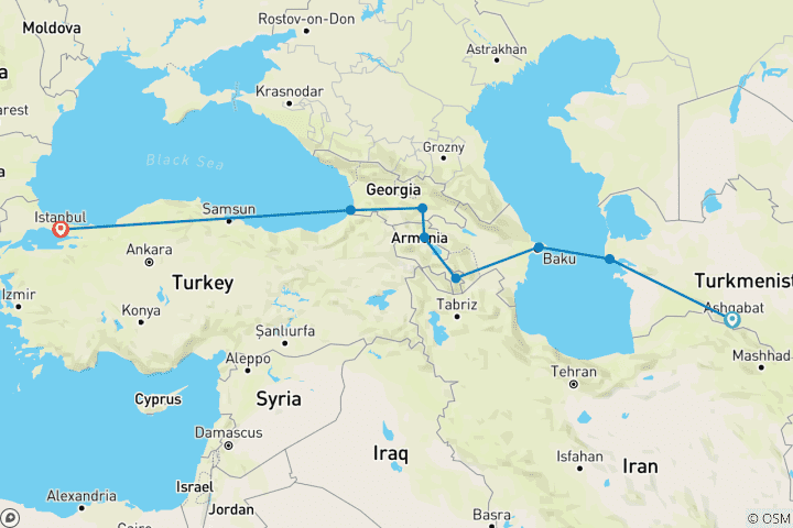 Map of Ashgabat To Istanbul (40 Days)