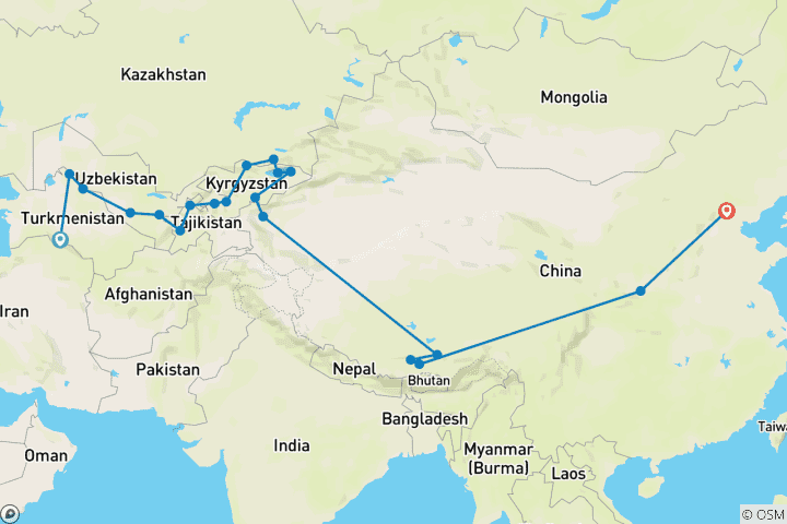 Carte du circuit D'Achgabat à Pékin (67 jours)