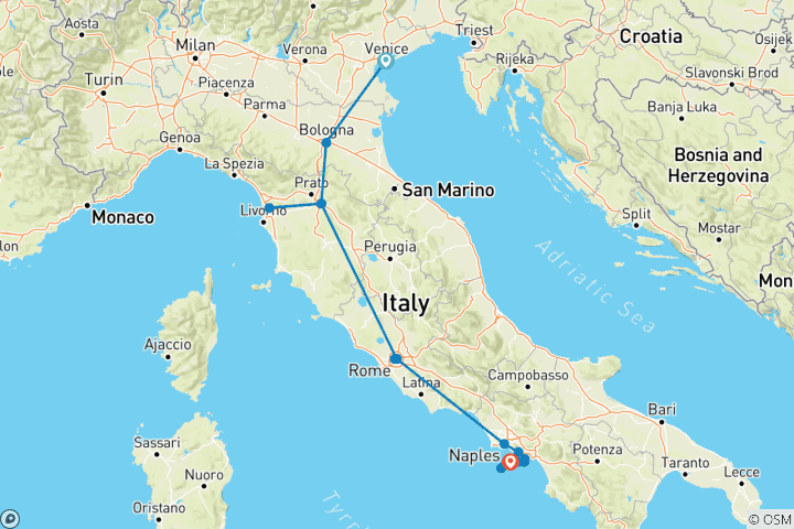 Map of Venice to Rome by Rail + Sorrento and the Amalfi Coast