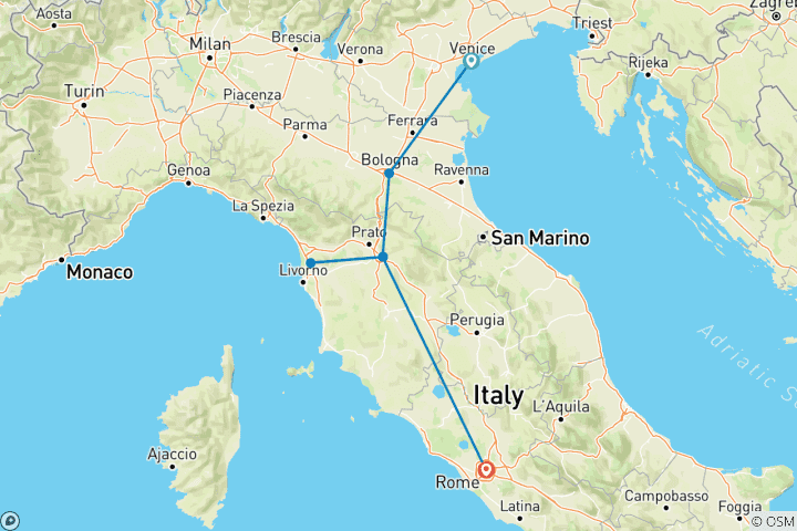 Map of Venice to Rome by Rail